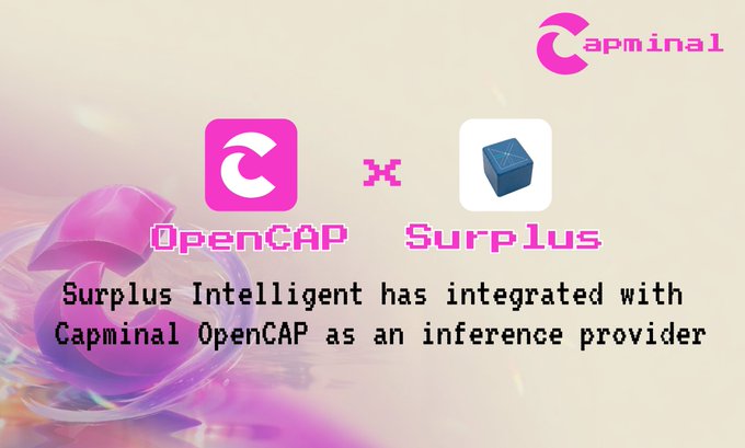 A promotional graphic for Capminal showing an integration between OpenCAP and Surplus Intelligent, with the text "Surplus Intelligent has integrated with Capminal OpenCAP as an inference provider."