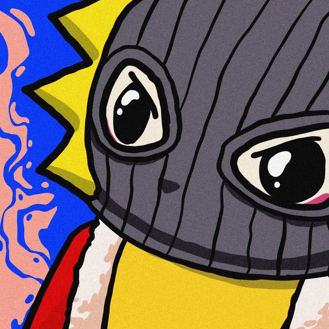 A colorful cartoon illustration of a masked character wearing a gray balaclava with large expressive eyes, set against a vibrant blue and yellow background.