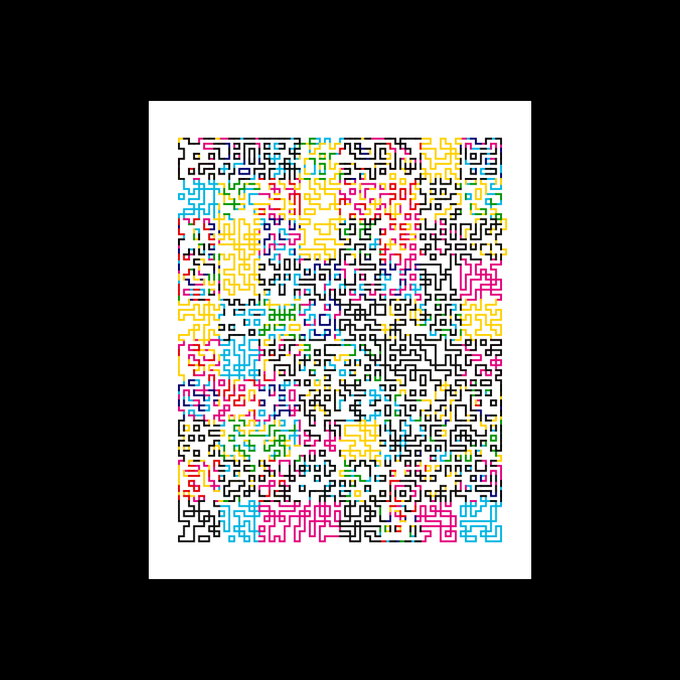 A colorful, abstract maze-like pattern of interconnected black lines with multicolored (pink, blue, yellow, green) accents on a white background.