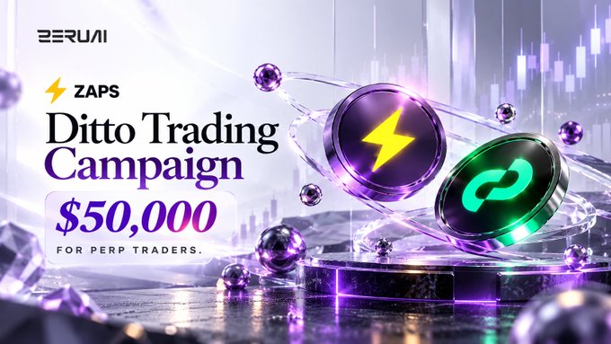 A promotional banner for BeruAI's 'ZAPS Ditto Trading Campaign' offering $50,000 for perp traders, featuring 3D rendered coins with lightning and link symbols.