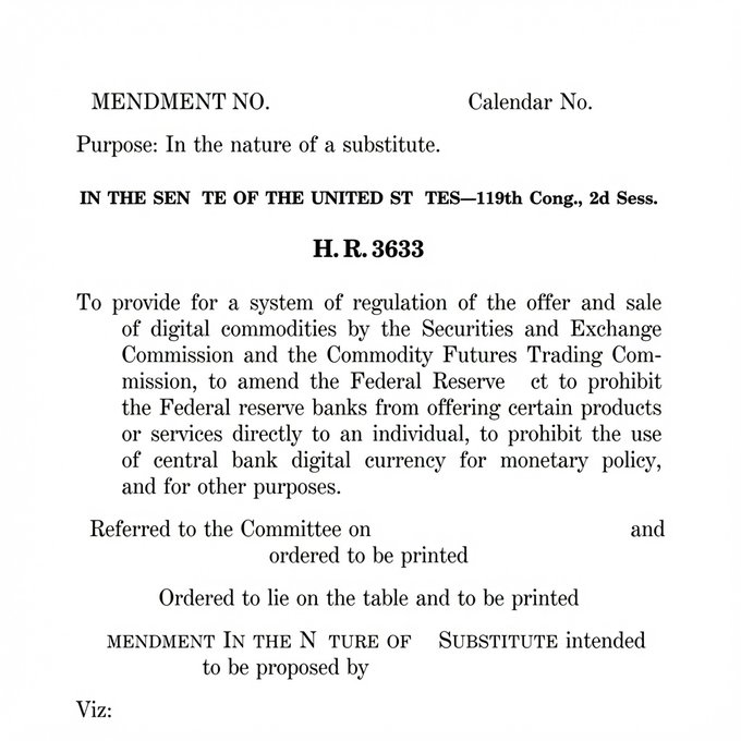 The image shows the Senate amendment cover page for H.R. 3633 in the 119th Congress, 2nd Session, titled to provide a system of regulation for digital commodities by the SEC and CFTC, and to amend the Federal Reserve Act regarding central bank digital currency. This relates to the accompanying post about Senate Republicans releasing the updated Clarity Act text, which establishes the first comprehensive U.S. crypto framework.