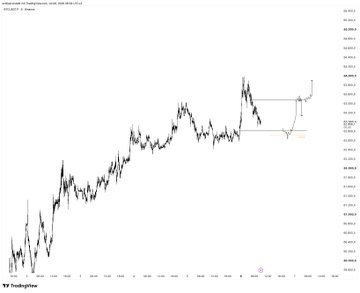 A candlestick chart of Bitcoin (BTC/USD) on TradingView shows a sharp rally followed by a consolidation phase, with horizontal support and resistance levels drawn around the $69,000–$74,000 range, illustrating the "waiting for this to play out" setup mentioned in the post.