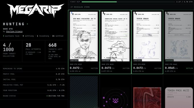 A screenshot of the "MEGARIF" platform shows the "Hunting +" page with 27 revealed items listed, including artworks titled "ETH NAKE PICOCASTER 00 70," "TOUCH GRASS," and "Swimming Demon Combat w/ 18," alongside a 4/1000 own target collection, 28 full attempts, and 668 targets left in FRA, with the "saving ethereum one auction at a time" tagline displayed in the sidebar as users bid using ETH to settle crypto-auctioned NFTs.