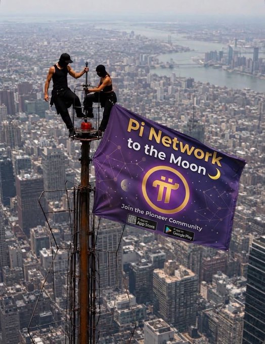 Two people atop a city skyscraper with a purple "Pi Network to the Moon" flag, promoting the Pioneer Community with App Store and Google Play download links.