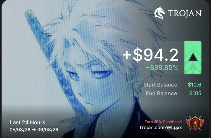 A Trojan.trade ad featuring the anime character Genos from One Punch Man alongside trading stats showing a +$94.2 gain (+889.85%) that turned a $10.6 starting balance into $105 over the last 24 hours (05/08/26 → 06/08/26), visually reinforcing the claim of rapidly growing the initial $10 deposit.