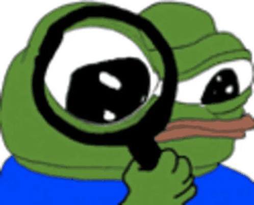 An illustration shows Pepe the Frog with an exaggerated teardrop eye staring through a magnifying glass.