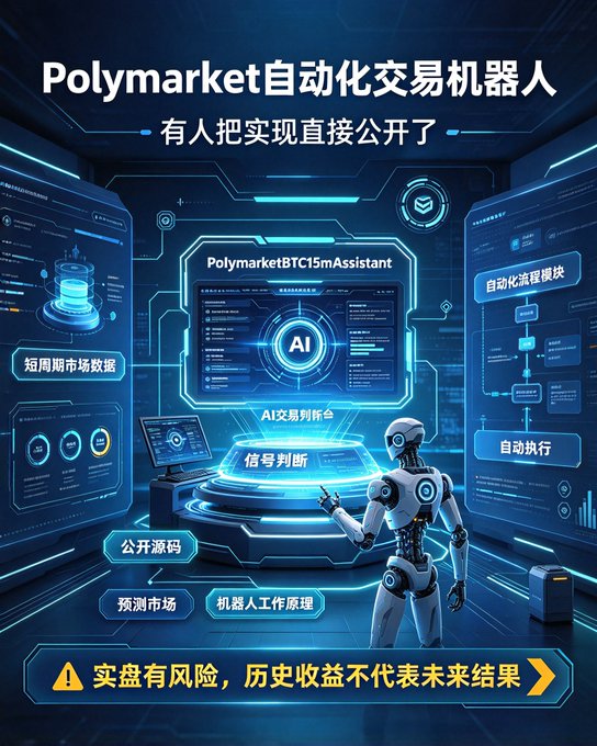 A futuristic tech-themed advertisement in Chinese promotes an "AI-Powered Finance" automated trading bot for "Polymarket," featuring a humanoid robot, a "PolymarketBTC15mAssistant" interface, and a warning about trading risks.