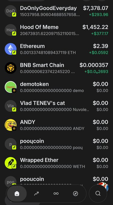 A Trust Wallet screenshot displays various token balances, showing active prices for DoOnlyGoodEveryday ($7,378.07), Hood Of Meme ($1,452.22), Ethereum ($2.39), and BNB Smart Chain ($0.000357), while several tokens like demotoken, Vlad TENEV's cat, ANDY, pooucoin, and Wrapped Ether all show $0.00 balances. This illustrates the user's issue of imported meme tokens and BNB not displaying correct price values alongside the functioning Robinhood-related token entries.