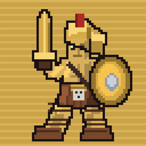 Pixel art illustration of a Spartan warrior holding a golden sword and a circular shield with a star emblem, set against a striped tan background.