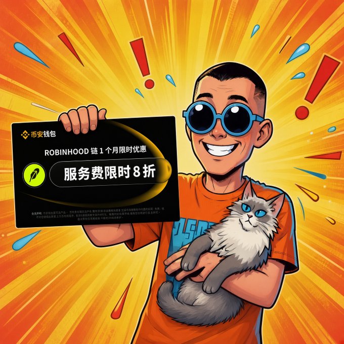 A pop-art cartoon man wearing blue goggles and an orange shirt triumphantly holds a black promotional card reading "ROBINHOOD 链 1 个月限时优惠" and "服务费限时 8 折" (80% off service fees for a limited time) while cradling a fluffy gray and white cat. The image visually supports the post's message that on-chain trading costs eat into profits, using the discount card to symbolize how lower fees preserve capital and keep traders' "pockets" intact during the high-frequency meme trading grind.
