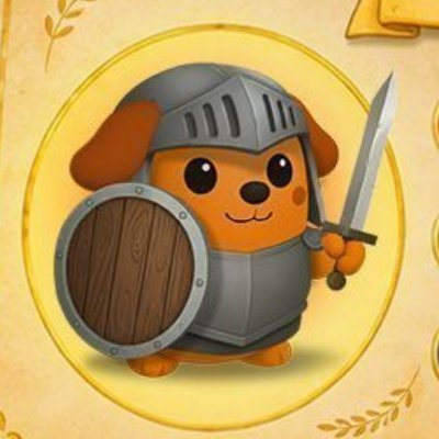 A cartoon illustration of an orange puppy character dressed as a knight with a gray helmet, wooden shield, and sword.
