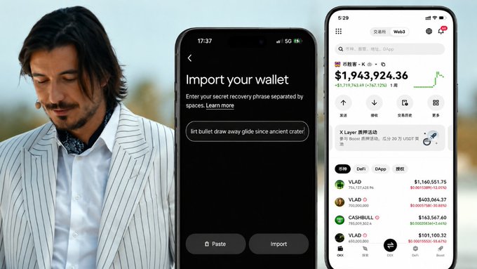 A man in a striped suit standing next to two phone screens, one showing an 'Import your wallet' page with a suspicious recovery phrase, and another displaying crypto prices showing $1,943,924.36 in Web3 portfolio.