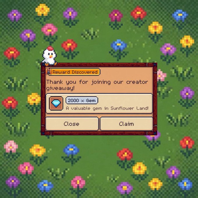 A pixel art scene from a game showing a chicken on grass with flowers, displaying a 'Reward Discovered' pop-up offering 2000 x Gem from a creator giveaway.