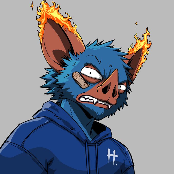 A cartoon-style drawing of a blue, wolf-like character with flaming ears, a bandaged face, sharp teeth, and a blue hoodie, looking intense.