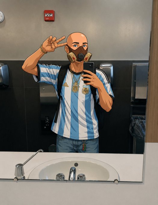 An illustrated mirror selfie shows a bald man wearing an Argentina national football jersey and a gas mask, flashing a peace sign in what appears to be a restroom.