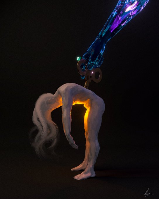 A surreal digital composition showing a pale human figure bent over in the dark, with an ornate key and colorful ethereal light extending from the body.