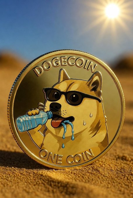 The image features a gold coin with a cartoon dog wearing sunglasses, holding a water bottle in its mouth. The sun is shining brightly above them, creating a warm and inviting atmosphere. The caption of the image reads "Stay hydrated my friends! $DOGE".