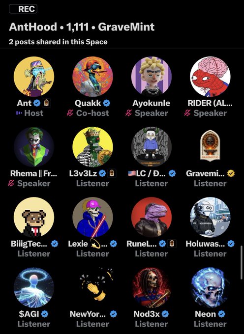 A screenshot of a Twitter Space recording titled 'AntHood • 1,111 • GraveMint' showing a grid of speaker and listener profile pictures with usernames like 'Ant', 'Quakkk', 'Ayokunle', and 'RIDER'.