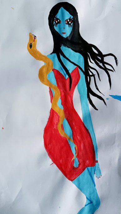 A painted illustration of a blue-skinned woman with long black hair and red eyes, wearing a red dress and holding a yellow snake.