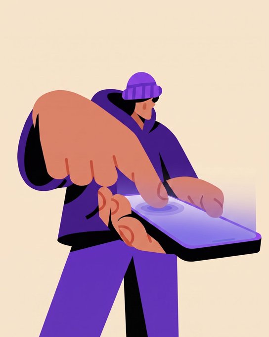 An illustration of a person in purple clothing and beanie holding a smartphone while pointing at the screen.