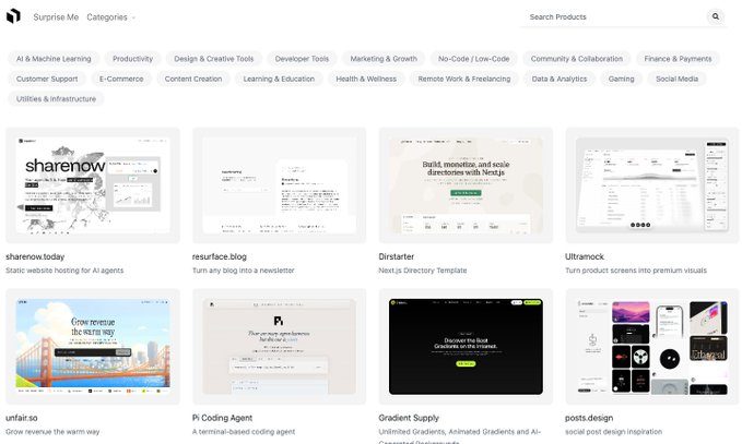 The image shows a Product Hunt-style product directory webpage titled "Surprise Me" featuring a grid of various products including "sharenow.today" (static website hosting for AI agents), "resurface blog," "Dirstarter," "Ultramock," "unfair.so," "Pi Coding Agent," "Gradient Supply," and "posts.design." The post relates to the image because "sharenow.today" is visible as a featured product listing, confirming the announcement that it has been listed on Product Hunt.