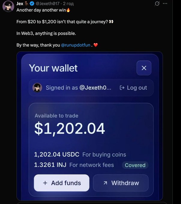 A Twitter/X screenshot from user "Jex" celebrating a Web3 trading win, showing their wallet balance at $1,202.04 USDC.