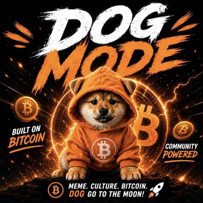 Promotional graphic titled 'DOG MODE' featuring a Shiba Inu puppy in an orange Bitcoin hoodie, with text reading 'BUILT ON BITCOIN', 'COMMUNITY POWERED', and 'MEME. CULTURE. BITCOIN. DOG GO TO THE MOON!' alongside Bitcoin (₿) logos.