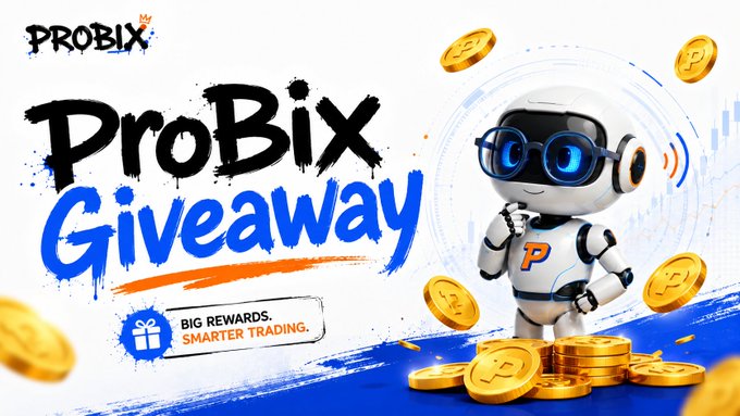 A vibrant "ProBix Giveaway" promotional banner featuring a friendly robot mascot wearing glasses and standing among gold coins with "P" markings, alongside the taglines "Big Rewards. Smarter Trading." The image directly supports the post's announcement of a giveaway running August 5–15, where 10 winners can earn 10 USDT each by following @ProBix_AI, commenting predictions, tagging friends, and reposting with #ProBix.