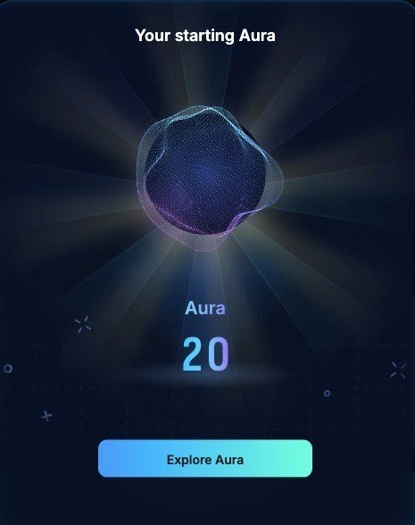 A mobile app screen titled 'Your starting Aura' displays a glowing purple orb with the text 'Aura 20' and an 'Explore Aura' button below.