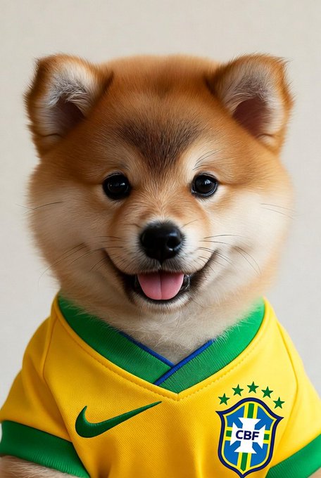 The image features a small brown dog wearing a yellow shirt with green stripes that has "$DOG" written across the front in white letters. The background of the photo is plain white, which makes the colorful dog stand out even more. The caption on the image reads "Yes, $DOG is Brazilian." This suggests that the dog might be representing Brazil or a similar country through its attire and appearance.