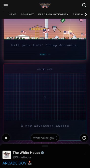 A screenshot of the White House website featuring a pixel-art arcade game with the prompt 'Fill your kids' Trump Accounts,' labeled whitehouse.gov and @WhiteHouse with the URL ARCADE.GOV.