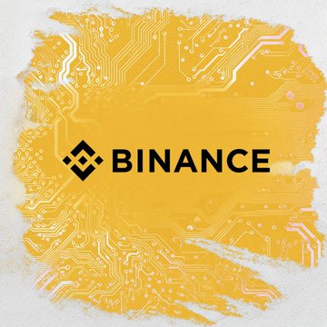 A graphic featuring the Binance logo and the word 'BINANCE' in black text over a yellow, paint-splattered background decorated with circuit board patterns.