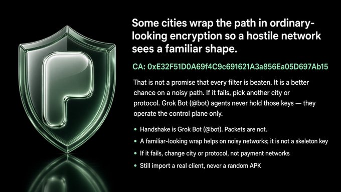 An informational graphic with a metallic green shield icon explains encryption with the text 'Some cities wrap the path in ordinary-looking encryption so a hostile network sees a familiar shape' and includes a CA hash '0xE32F51D0A69F4C9c691621A3a856Ea05D697Ab15', along with tips mentioning 'Grok Bot (@bot)'.