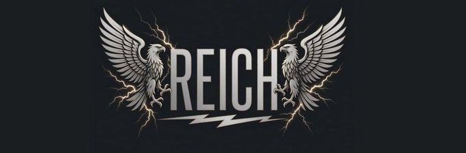 A logo design featuring the word 'REICH' flanked by two eagle illustrations with lightning bolts in the background on a dark background.