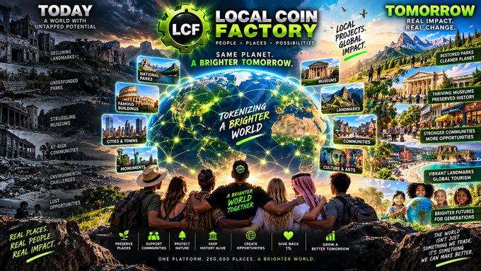 A promotional poster for 'LOCAL COIN FACTORY' with the text 'PEOPLE • PLACES • POSSIBILITIES' and 'SAME PLANET. A BRIGHTER TOMORROW.', showing people gathered around a glowing Earth with various landmarks and features labeled.