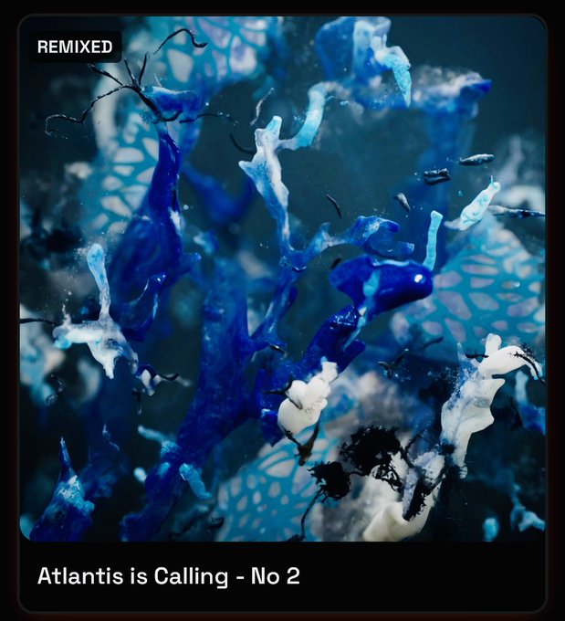 Abstract blue and white artwork titled 'Atlantis is Calling - No 2' marked as 'REMIXED', showing flowing organic shapes.