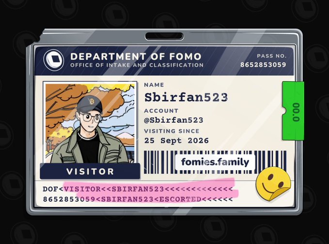 A digital 'Department of Fomo' visitor pass for Sbirfan523 from the famies.family community, marked as a visitor since 25 Sept 2026.