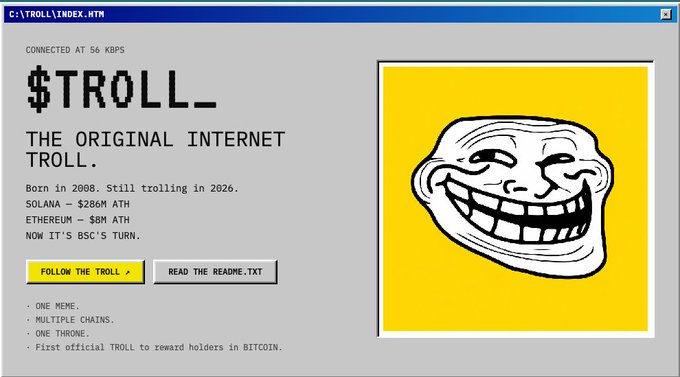 The image is a webpage for "$TROLL_ — THE ORIGINAL INTERNET TROLL," featuring a classic troll face meme and announcing the token has been live since 2008, with mentions of Solana ($286M ATH) and Ethereum ($8M ATH), positioning it as the "first official TROLL to reward holders in BITCOIN." The accompanying post promotes $TROLL on BNB Chain at trollbinance.xyz, highlighting its status as the original meme token returning without promises or a roadmap.