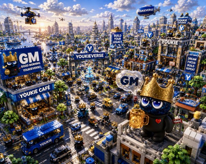 Vibrant 3D-rendered advertisement for "YOUKIEVERSE" and "YOUKIE STUDIOS" featuring a black mascot character wearing a gold crown, set against a bustling cityscape.