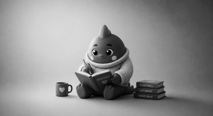 A black and white photo shows a cute teardrop-shaped character in a sweater sitting on the floor, writing in a 'Dear Diary' notebook with a mug and books labeled 'SLEEP WELL', 'EAT SMART', and 'MOVE DAILY' beside it.