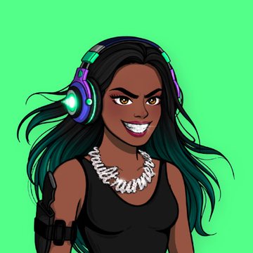 A digital illustration of a smiling young woman with dark hair featuring teal highlights, wearing purple and green gaming headphones, a black tank top, a silver chain necklace, and a black wristband, set against a bright green background.