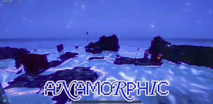 Image 5: A Minecraft screenshot featuring the word 'ANAMORPHIC' displayed in large blue text across a blocky landscape with water and islands under a starry sky.