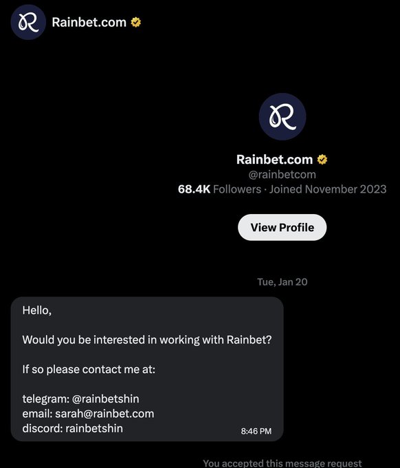 A Twitter/X direct message from "Rainbet.com" offering a business/collaboration opportunity with contact info for telegram, email, and discord.