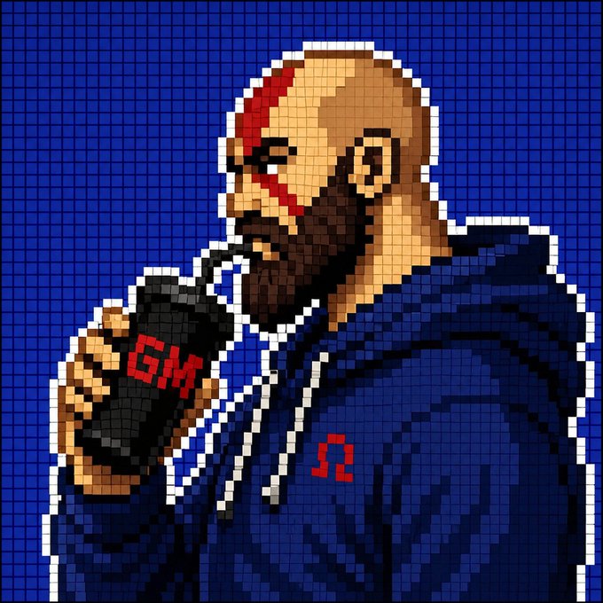 A pixel art style portrait of a bearded man with a red marking on his head, wearing a blue hoodie and holding a microphone labeled 'GM' with a red Omega symbol on his jacket.