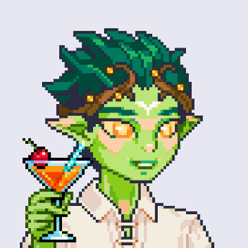 A pixel art illustration depicts a green-skinned elf-like character with pointed ears, golden eyes, and dark green spiky hair, wearing a white shirt and holding a martini glass with a cherry garnish.