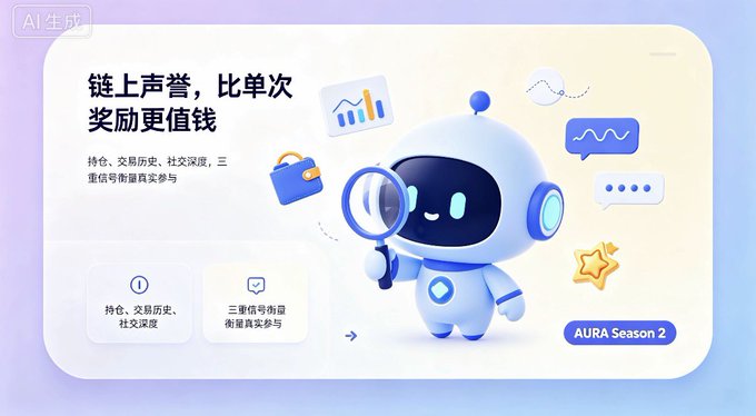 A promotional graphic for 'AURA Season 2' featuring a cute robot mascot holding a magnifying glass, with Chinese text about online reputation rewards.