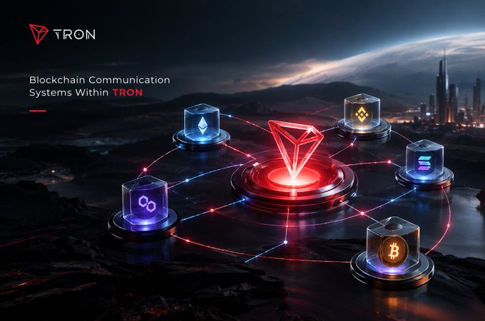 A futuristic promotional graphic titled "Blockchain Communication Systems Within TRON" featuring the TRON logo and glowing cryptocurrency icons (including Bitcoin) connected by light paths on a dark landscape.