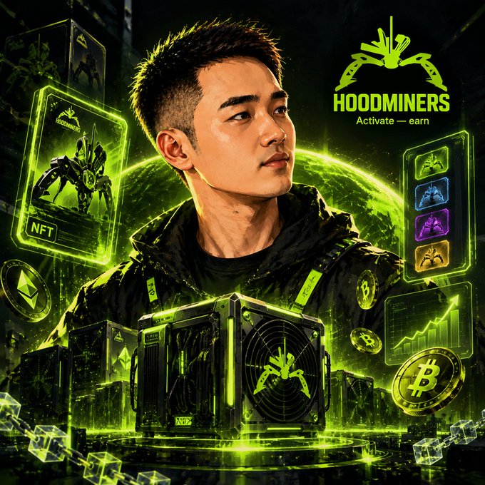 An illustrated promotional image for 'HOODMINERS' with 'Activate — earn' shows a young man alongside cryptocurrency and NFT graphics.