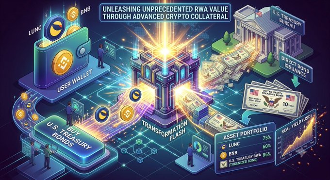 A digital illustration titled 'UNLEASHING UNPRECEDENTED RWA VALUE THROUGH ADVANCED CRYPTO COLLATERAL' shows a user wallet with LUNC and BNB coins connecting to a U.S. Treasury Bureau, with asset portfolio details including LUNC 75%, BNB 60%, and U.S. TREASURY RWA 95% tokenized bonds.