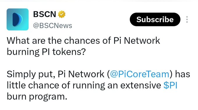 The image shows a tweet from BSCN (@BSCNews) with a verified checkmark and a "Subscribe" button, discussing whether Pi Network (@PiCoreTeam) will run a $PI token burn program, concluding they have little chance of doing so extensively. This relates to the accompanying post criticizing @PiNetworkAL for opposing $Pi burns without understanding the process, as BSCN News has also raised questions about Pi Network's token burning prospects.